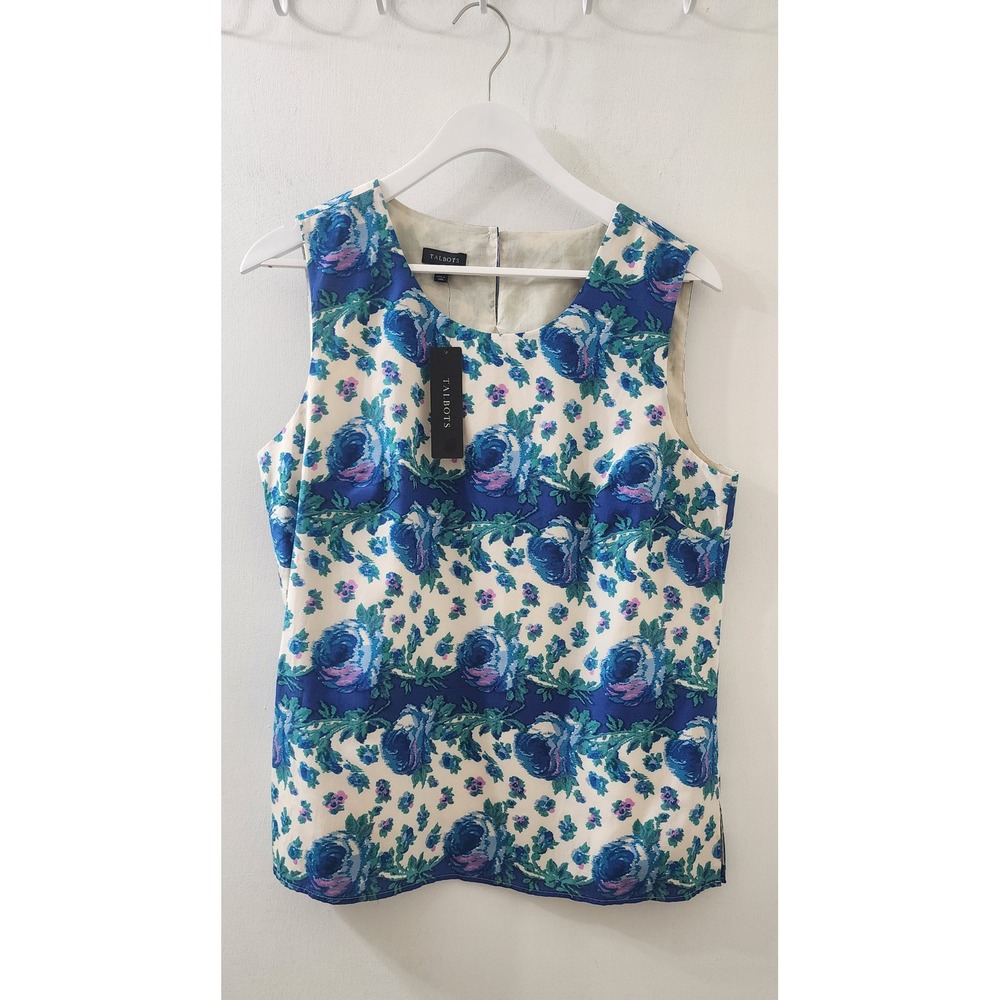 Talbots Womens 6 Silk Cotton Floral Rose Sleeveless Shell Top Blue 37994555